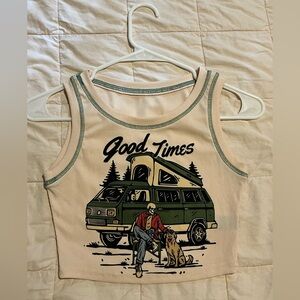 Romwe Ribbed Good Times Skeleton with Dog and Camper Cropped Rib-Knit Tank